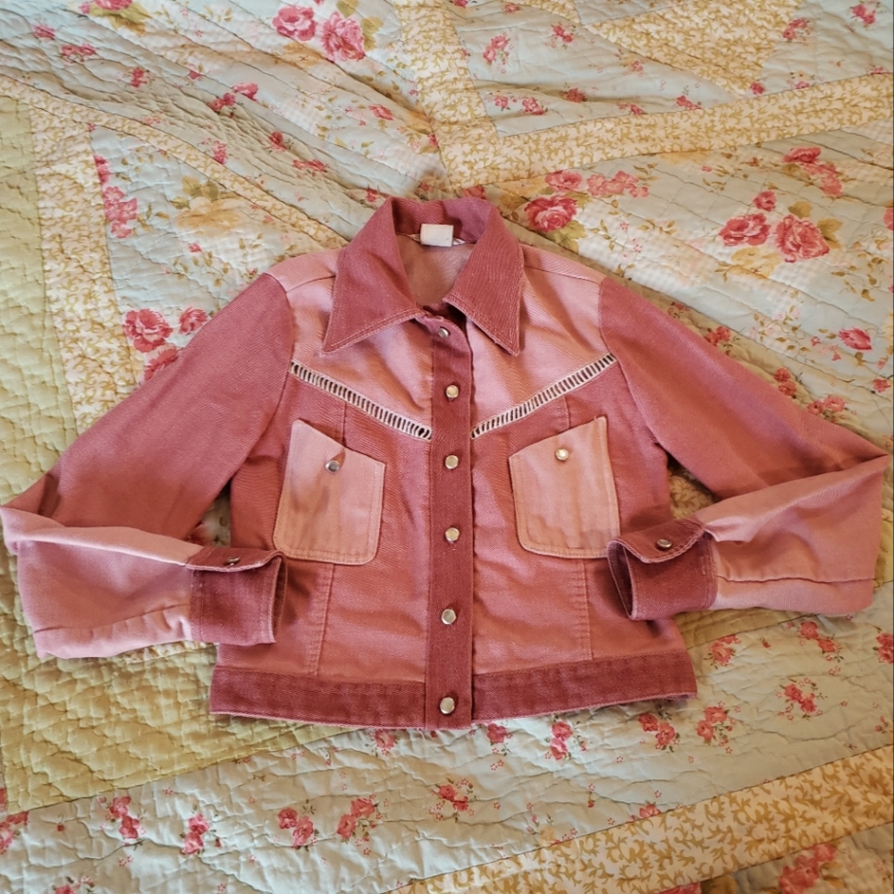 Mr K Vintage 80s 90s Pink Butterfly Cropped Jean Jacket Denim Lace Womens Size 7